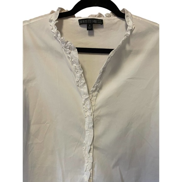 Lafayette 148 Cotton Button Down High Low 1/3 Sleeve Shirt Size 8 - Picture 2 of 5